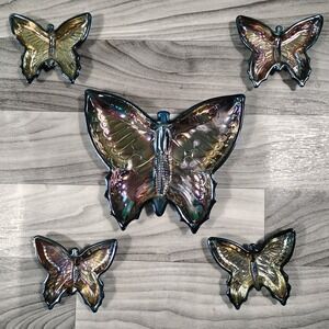 Vtg Jeannette Carnival Glass Butterfly Trinket Candy Dish Set Blue Iradescent